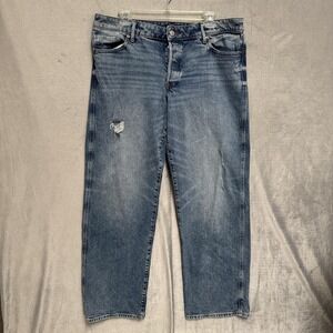 Express Jeans Womens 12R Blue Relaxed Straight Low Rise Distressed Stretch Denim